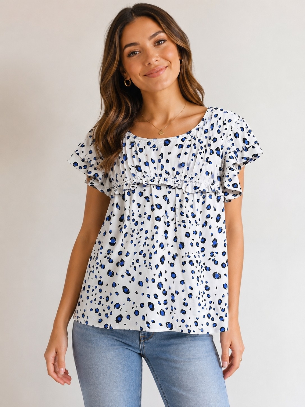 Entro Blue Spot Ruffle Sleeve Women's Top Size Small